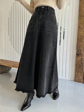 Dark denim Casual Women's Plain Long Denim Skirt